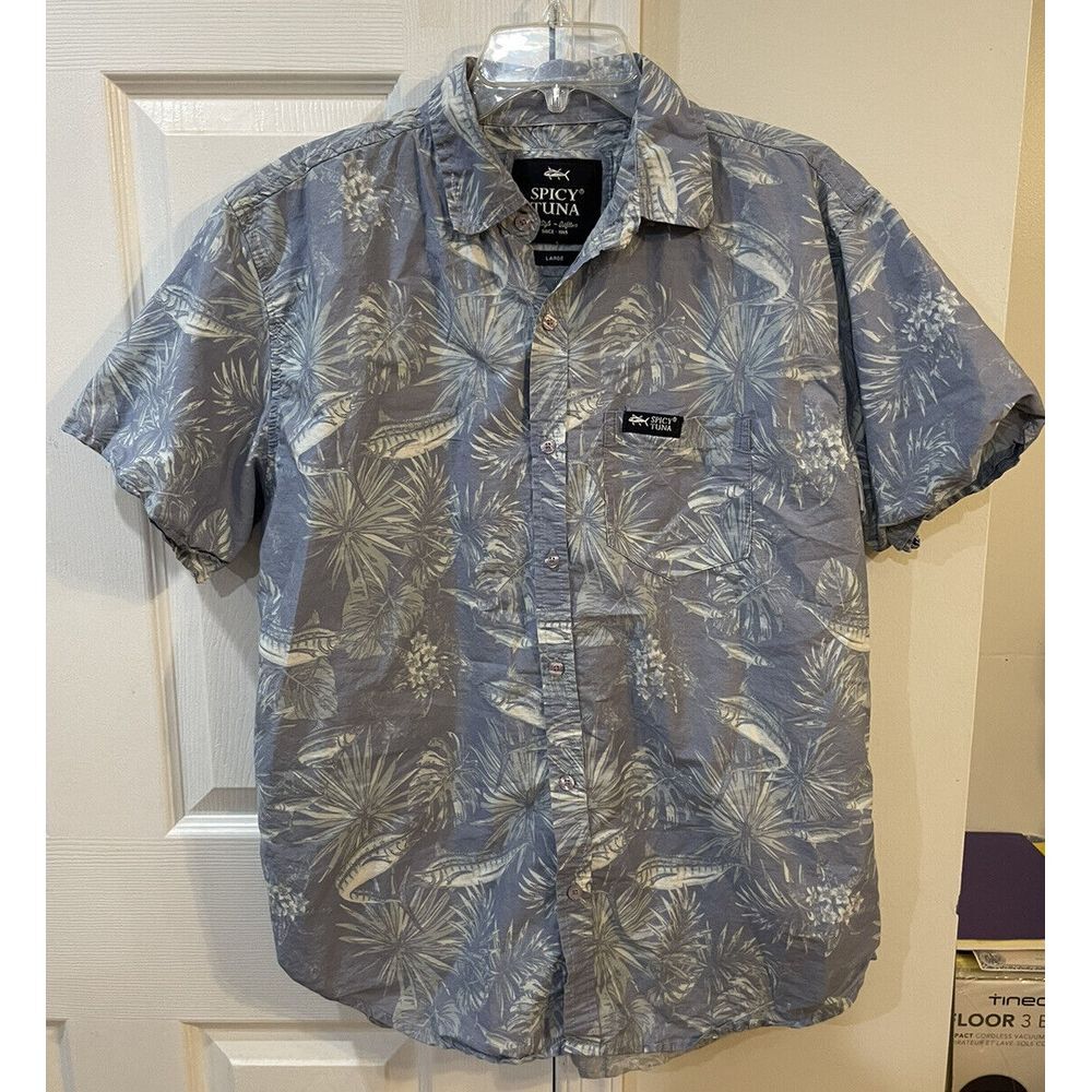 Spicy Tuna Men's Short Sleeve Button Up Shirt Sz L Fish Floral‎ Pattern